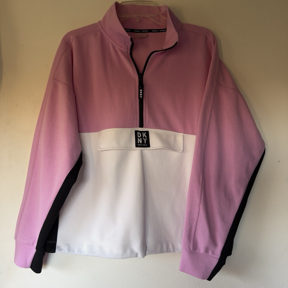 DKNY Sport Women's Large Pink Color Block Pullover Quarter Zip Long Sleeve